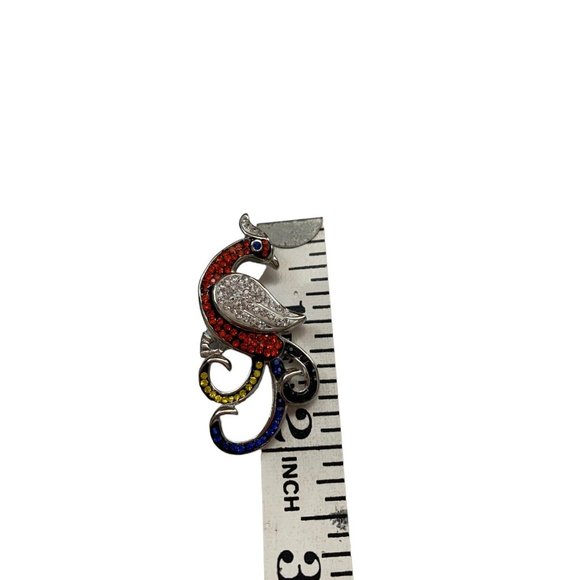 Jeweled Peacock Peafowl Bird Silver Tone Rhinestones Pendant 2.1” x 1” - Picture 4 of 5